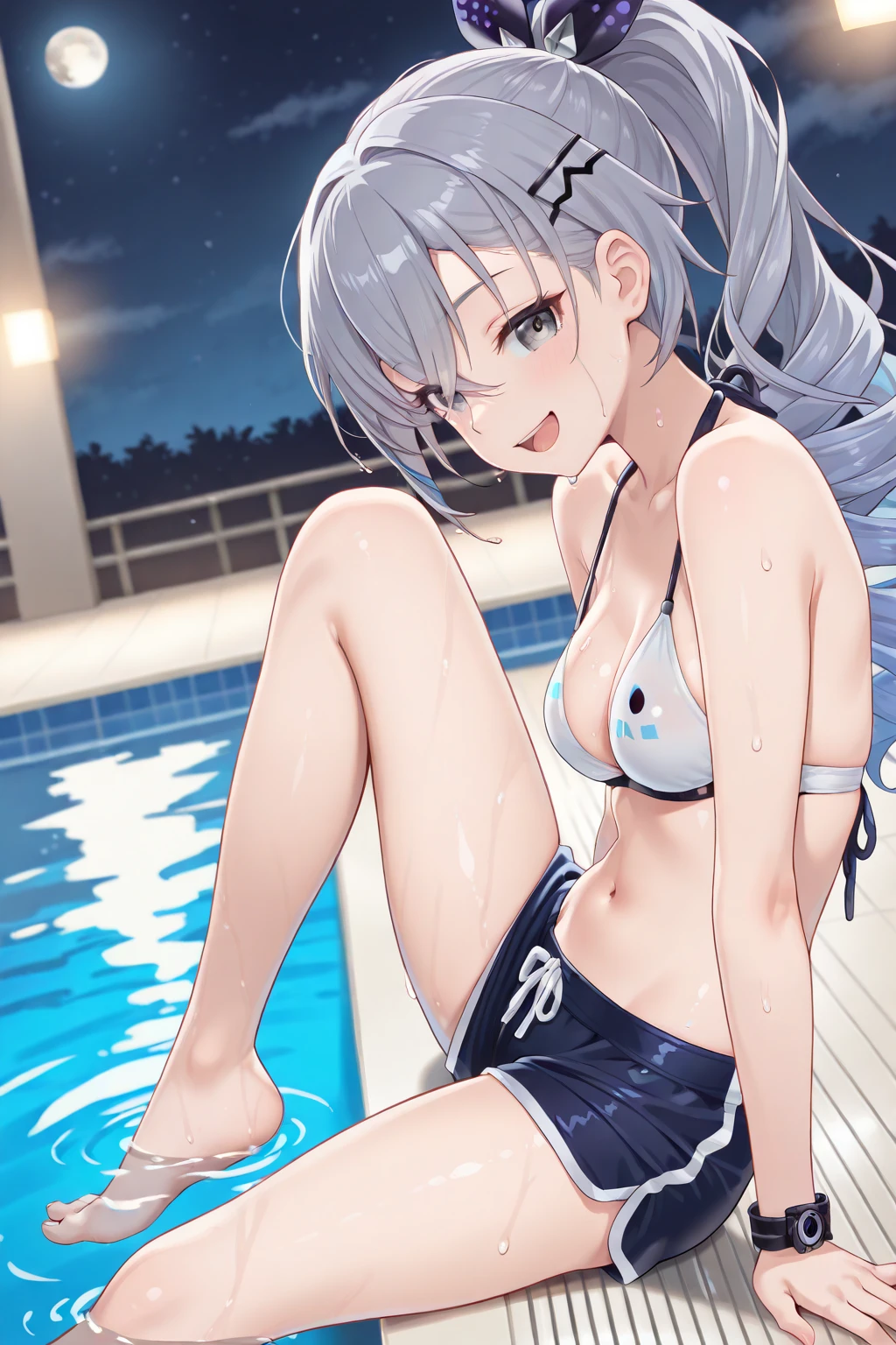 (best quality, masterpiece), 1 Girl, Intricate details, Beautiful and delicate face, (Minimal Micro Bikini:1.2), transparent, Looking at the audience, Night Pool, blush, open mouth, Black Hair, Medium Length Hair, Bangs, Happy, permanent, Cowboy shooting,