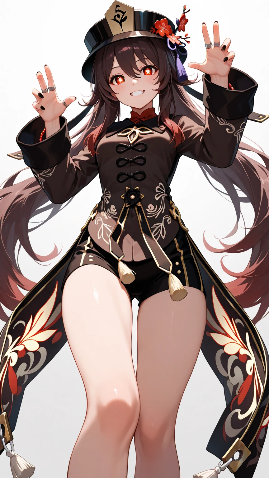 Best _ quality, masterpiece,
One girl, alone, chest, Shiranui_ May, brown _ hair, big _ chest, brown _ eyes, looking _ and _ viewer, ponytail, cleavage of chest, ninja, smile, pelvis _Curtain, Length_Hair, Japanese _ Clothes _ Clearance _ Clothes, White_Background, Simple _ Background, Clavicle, Full _ Body, T high s, Bangs, Closed _ Mouth, Arm _ Above _Shoulders, shadows, ropes, gloves, sleeveless, expensive _ pony