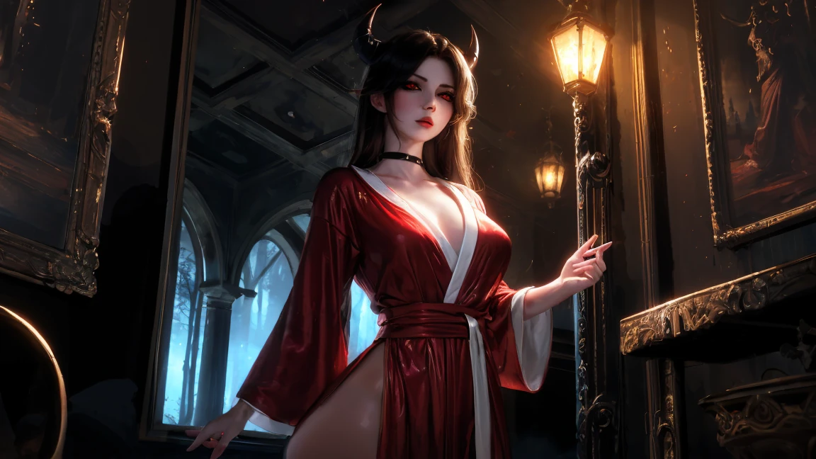 (facial portrait: 1.5), epic good looking succubus wearing a (white lace: 1.2) dress (intense details, Masterpiece, best details: 1.6), (wearing elegant stylish yellow rimmed glasses:1.1) (intricate details, Masterpiece, best details: 1.6), ((red skin: 1.5)), ultra detailed face (intense details, Masterpiece, best details: 1.5),standing in the door entrance, holding a red and gold ring (intense details, Masterpiece, best details: 1.6), black hair, long hair, red eyes, glowing eyes, small horns, dim light, high details, best quality, 16k, [ultra detailed], masterpiece, best quality, (extremely detailed), ultra wide shot, photorealistic, gothic art, sense of darkness, sense of seduction, fiery magic symbols (intense details, Masterpiece, best details: 1.6),in the background, Dark Art Painting Style, dark, black and color