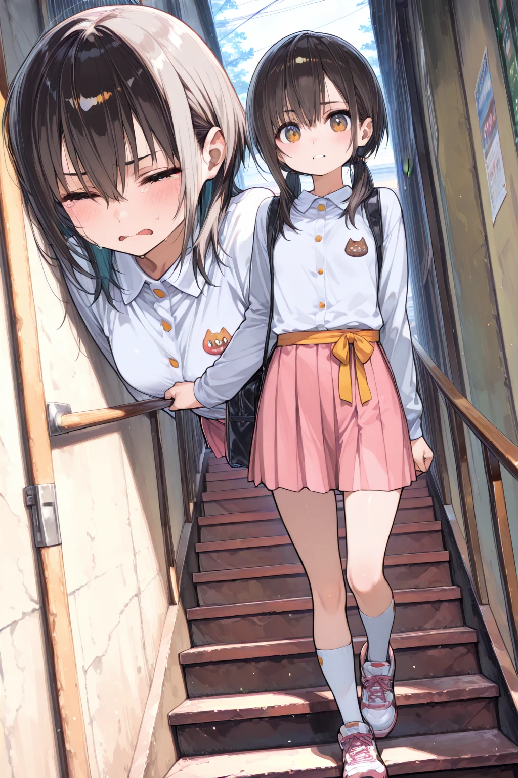 Correct human body structure,perfect,Being watched by customers in a shopping mall,Long black hair,((Young twin girls with cat ears)),full body pictures,Rope bondage,black skirt,black stockings,look around,alarmed,tearing up,blush,Sweat like a pig,purse your lips,bow your head