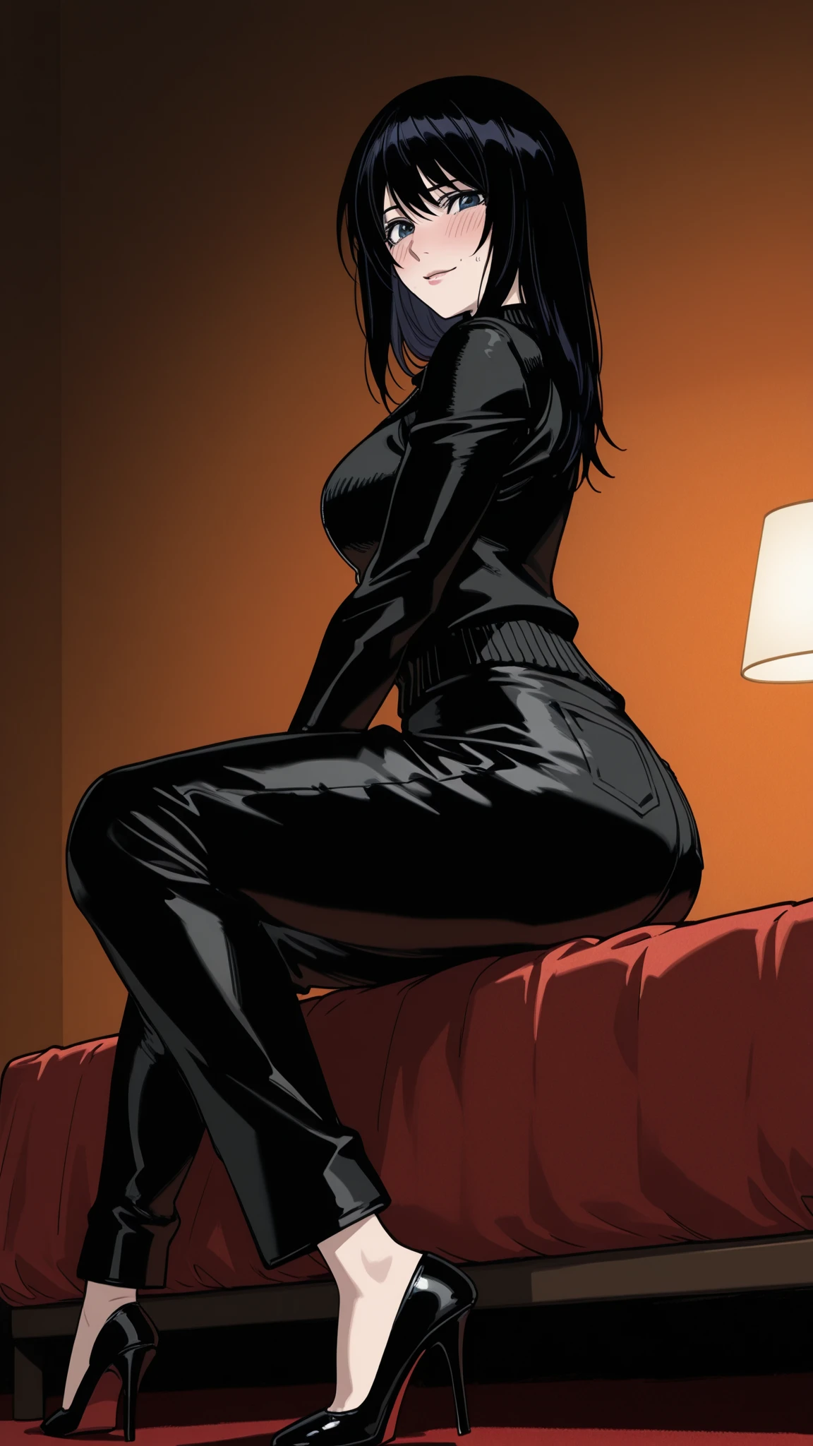 uma garota muito linda e muito magra, wearing a black lingerie with pantyhose and face mask latex. Dark room with only red neon lighting. Muitos detalhes, extremamente realista. Alta qualidade, 8k