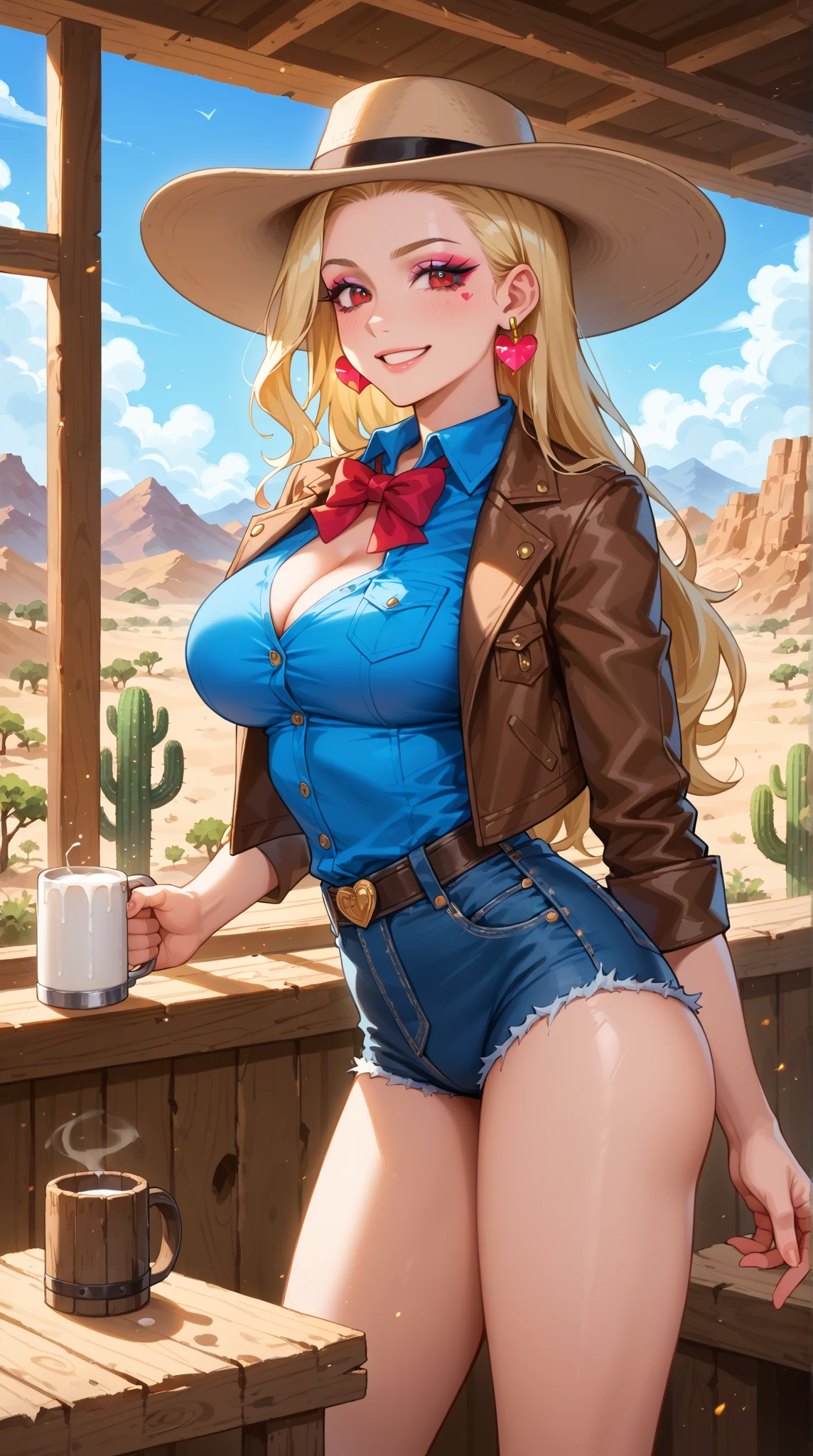 (8k, Masterpiece, Hyper Extreme Detailed:1.2), Solo, Best Quality, Solo, Adult, Cowboy Shot, Perfect Anatomy, 1 Girl, Perfect Face, Expressive Eyes, Perfect Eyes, Half Body, Dirty Blonde Hair, Swept Bangs , Cool, confident, friendly, big bust, fun, determined, Carefree, adventurous, long hair, farm, sunflowers, dirt road, blue sky, clouds, beatiful , dirty, golden eyes, gloves, eccentric, strange, quirky, unique, carefree, original, disheveled hair, wind, windy, moving hair, moving clothes, tangled hair, dirty, happy, naked only in overalls, dynamic pose, friendly, slight smile, left hand in the hat, right hand on hip, freckles, flowing hair, farmer, freckles, dirty face, dirty clothes, white gloves, smiling, half body, torn clothes,