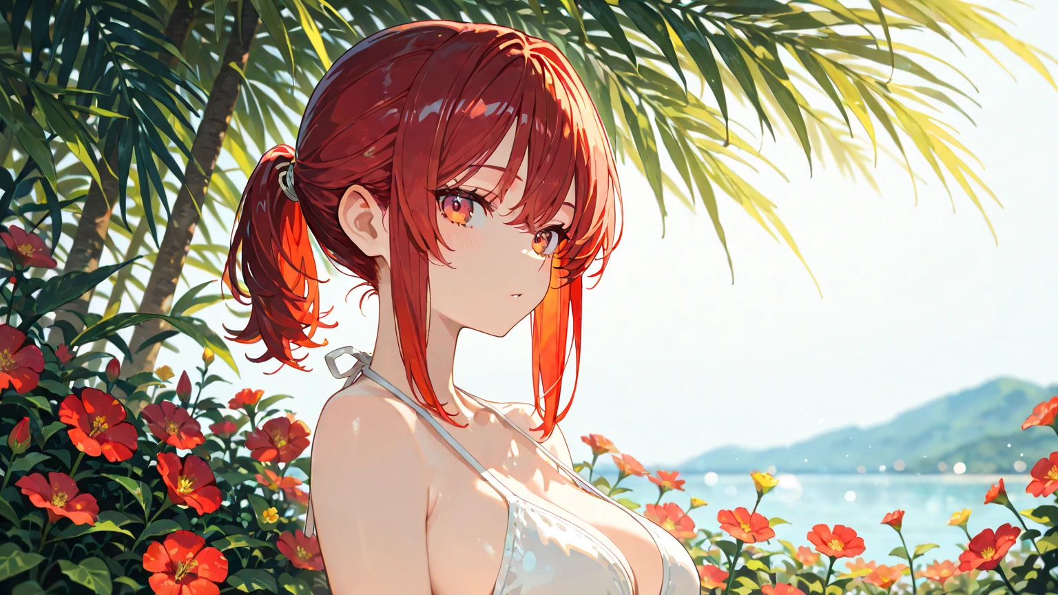 High quality, very high resolution, large size, full color, skin with fine details, eyes with fine details, digital painting illustration, 4K image quality, 1 girl, ((cute and beautiful girl), whole body, 18 years old, small breasts, (long red hair), hibiscus hair ornament, (cute and beautiful black eyes), smile,(rainbow sport bikini), wearing a wet white T-shirt, see-through navel, necklace, earrings, wet body, river, raining, spring , (glow with beautiful details), light particles, lens flare, HDR, (Rembrandt lighting), colorful reflections, film reflections,pine trees in the background