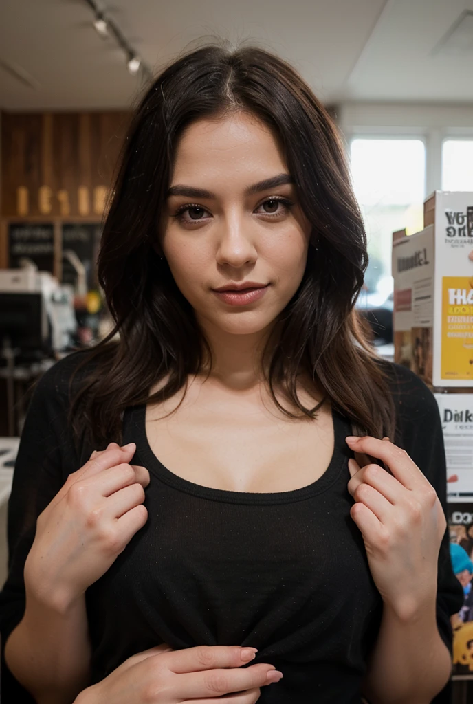 create a boondocks character of a girl with light skin with purple straight hair with a black crop top shirt . The boondocks movie poster should be boondocks inspired with a scene of a store that’s boondocks inspired in a store