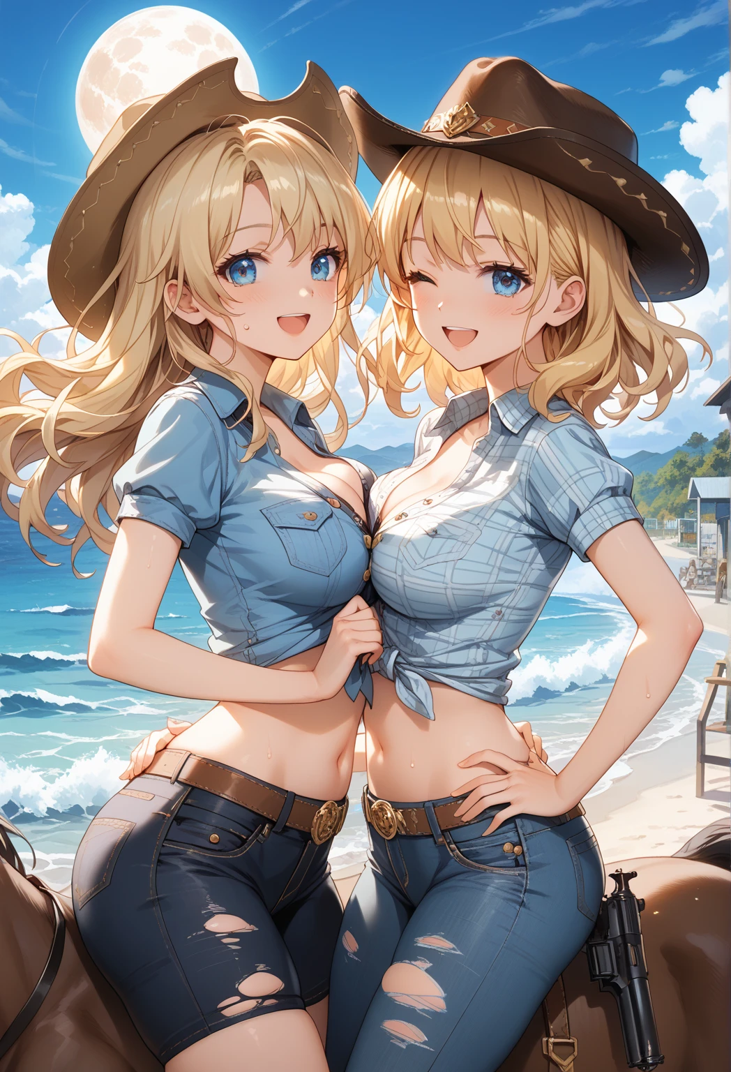 Score_9, score_8_up, score_7_up, source_anime, lumine, genshin impact, shexyo, fischl, fischl and lumine, 2girls, duo, indoors, castle, American flag bikini, clothed, leather shorts, standing, front view,  laughing, flag bikini, American flag, looking at viewer, mocking, humiliation, holding laugh, giggling, ntr, cuckold, cuck, cucking, netorare