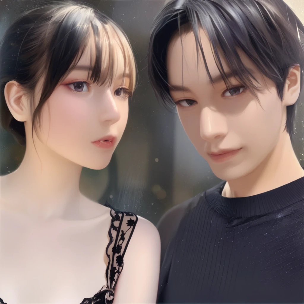 girl and boy, cuddle, boy cudding girl, Girl long brown hair, gray eyes, sharp features, white skin, cherry lips, naked, detailed breast