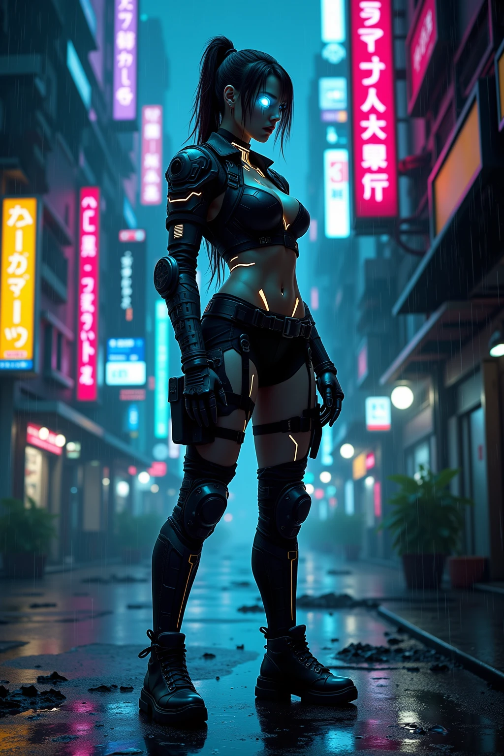 highest quality、Super fine、Realistic、A young and very beautiful woman、Beautiful detailed eyes、Beautiful detailed lips、cyberpunk、huge breasts、(Holographic kimono:1.4)、((Mecha、Armament、knife、Cyberpunk city girl:1.37))、neon、Street graffiti、Night view、Mysterious atmosphere、High-tech gadgets、Vibrant colors、 Glowing Effects、Urban decline、skyscraper、Bustling Crowd、Urban fashion、Sleek and futuristic design、Technological advances、Edgy hairstyles、Dark Alley、Electronic Music、Energy Beam、A strong and confident posture、Cool and confident look、詳細なMechaアーマー、Cowboy Shot、Samurai girl