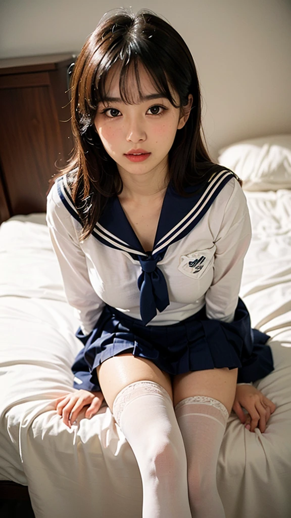 Lie down on the bed,Women,,Remove sailor uniform and skirt halfway,See-through underwear,whole body,(Blushing 1.2)Baby Face,beautiful girl,beautiful girl,beautiful girl,beautiful girl ((((((Real))))))　slightly long black hair,Beautiful appearance, open arms,Spread your legs,cute,cute