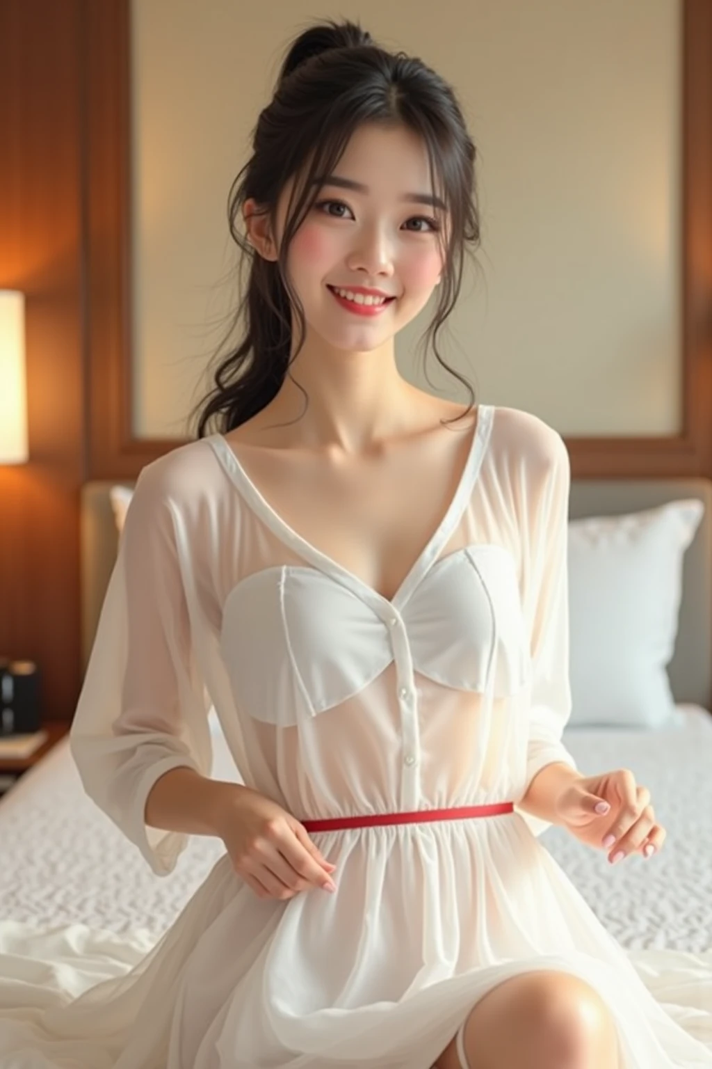 A 20-year-old woman who looks 15 but has the cute face of an idol.。Gentle and cute。Please smile kindly。((No bra and a sheer white silk camisole))、breasts are slightly larger、(((He is short and 1mAbout 50cm)))、(((Living room at night))、(Cinema lighting)、(Full body portrait)、((Quality indistinguishable from real life))、masterpiece、I'. RAW Photos Genuine realism Genuine Genuine life