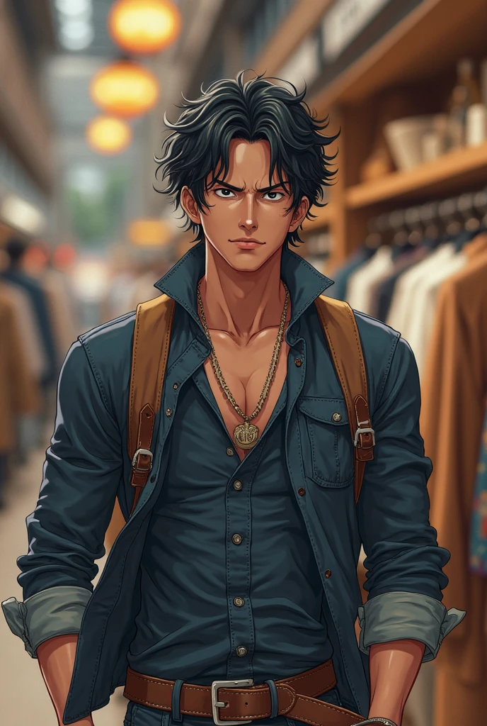 A man with black shoulder-length hair begging in front of a video game store