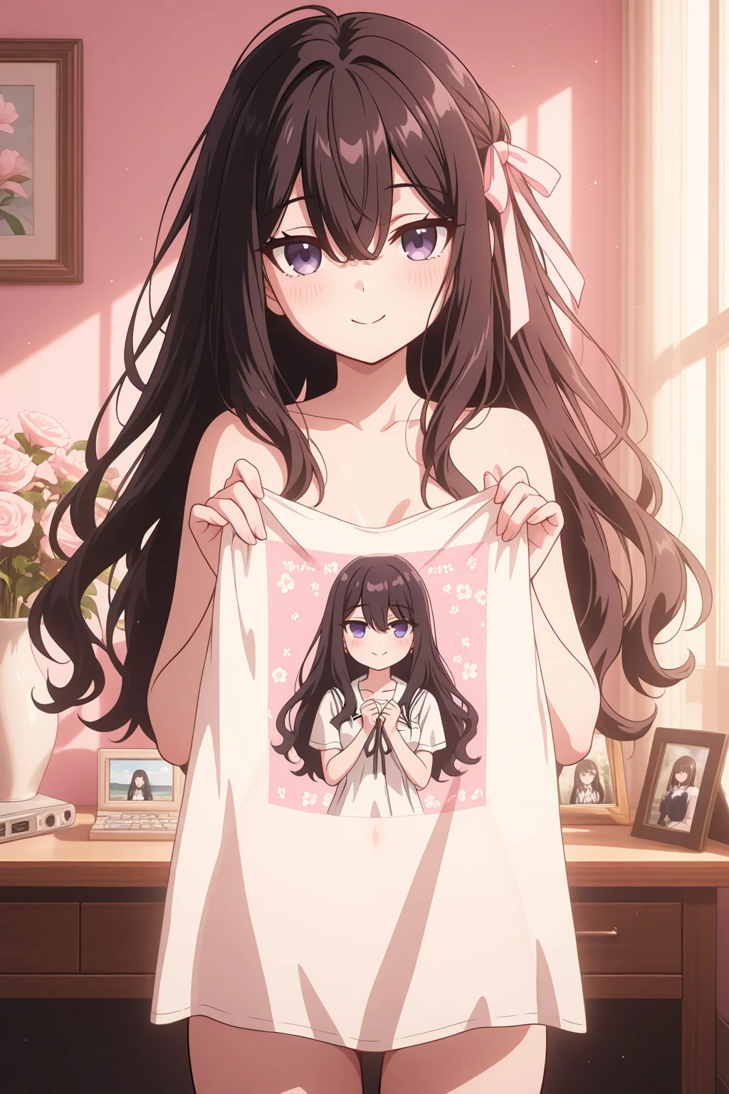 Long black haired girl、20age、clear、White luxurious lace long slip、In underwear、Sexual violence、Single image、fear、resistance、Shyness、Crying face、Standing posture、Men's Room