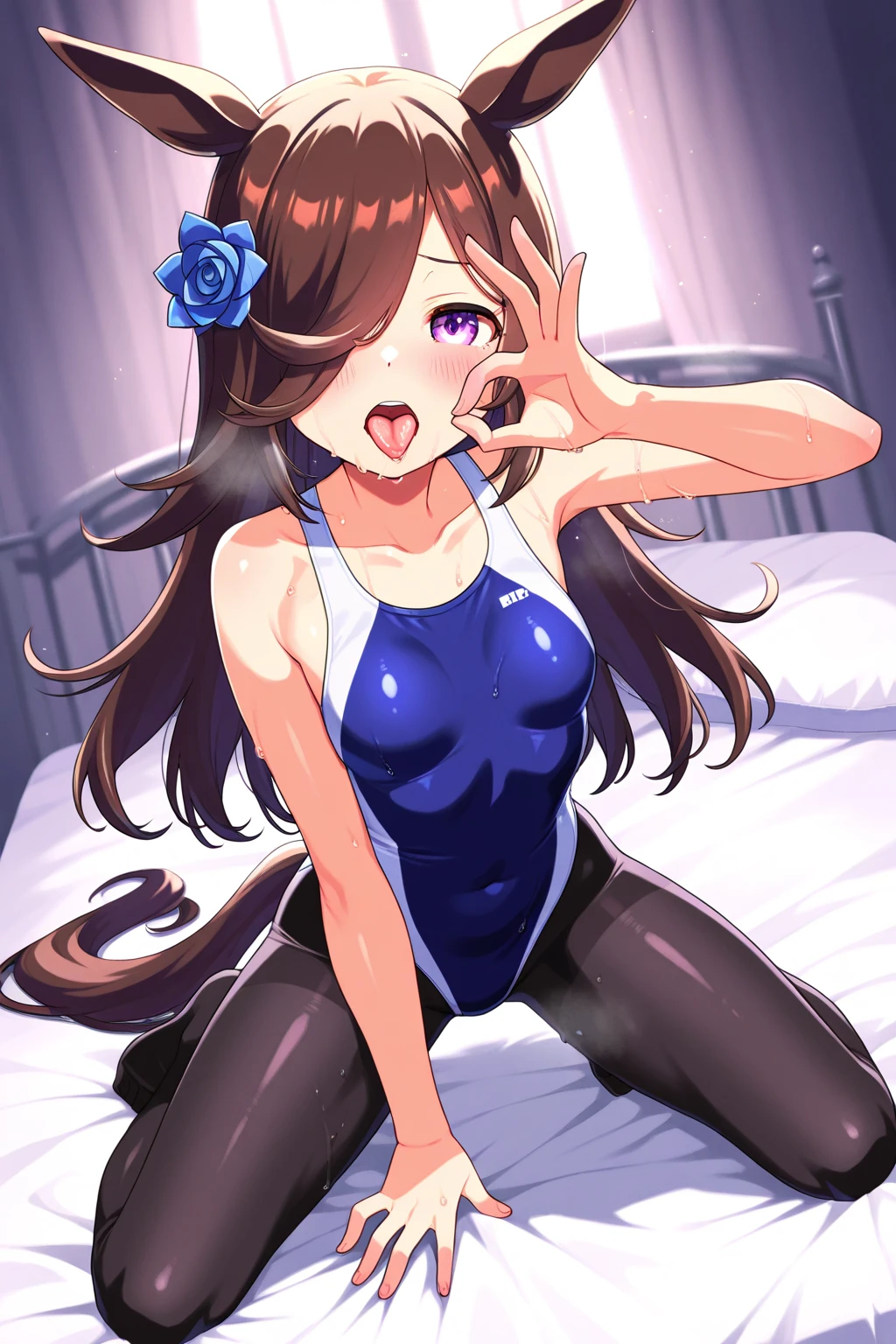 tennis girl's massive rear butt out of bottomless slutty mini sweater out bare and brown boots, showing her vagina, lying down on bed, wearing oven mittens under big pillow, blindfold
