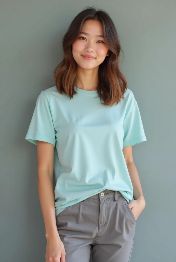 For a green t-shirt mockup design, front facing, from the top of her head to the knees, full body, photo-real caucasian teenager girl, eighteen years old, short black straight hair, bobcut, boycut, happily smiling, closed lips, pointed nose, facing the front, standing with her hands on her waist, wearing a high-quality green colored t-shirt with no designs, no pockets and no text, and clean blue jeans, for a mockup design, plain green t-shirt with no designs and no text, with a focus on the high-resolution texture and details of the clothes. The photo real girl is standing in an all white room with a white background, with a shadow effect adding depth to the image

