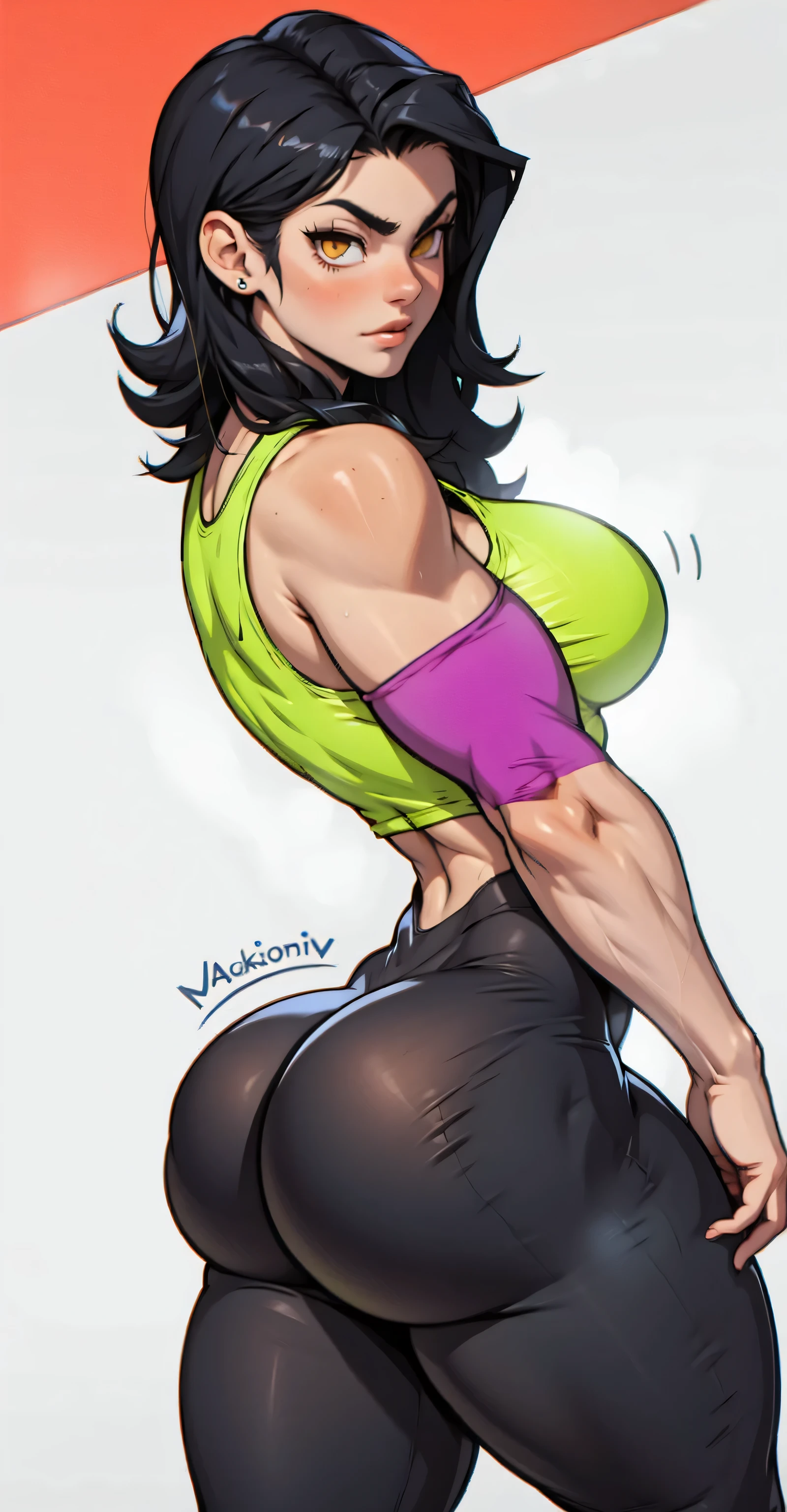 mulher 40 anos, linda, cabelo raspado, alta e musculosa, seios enormes, peito enorme, de biquini dourado apertado, muscular arms, pernas musculosas, musculos exagerados, seios anormes, oppai proportion, oppai, anime anos 80, anime retro estilo anos 80