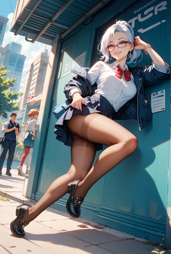uniform、blazer、panty shot、beauty、silver hair upstyle、((whole body))、(((photo taken from below)))、school gate