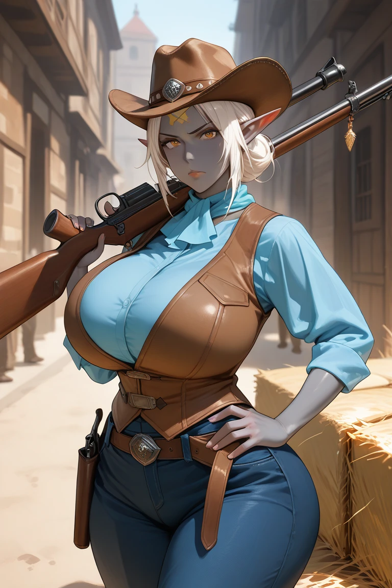 Perfect face, perfect hands. A white haired female cowgirl with green eyes with an hourglass figure with white wolf ears and a white wolf tail in a conservative cowgirl outfit is smiling while leaning forward with a big smile in front of a full moon in a wild west town with a big smile