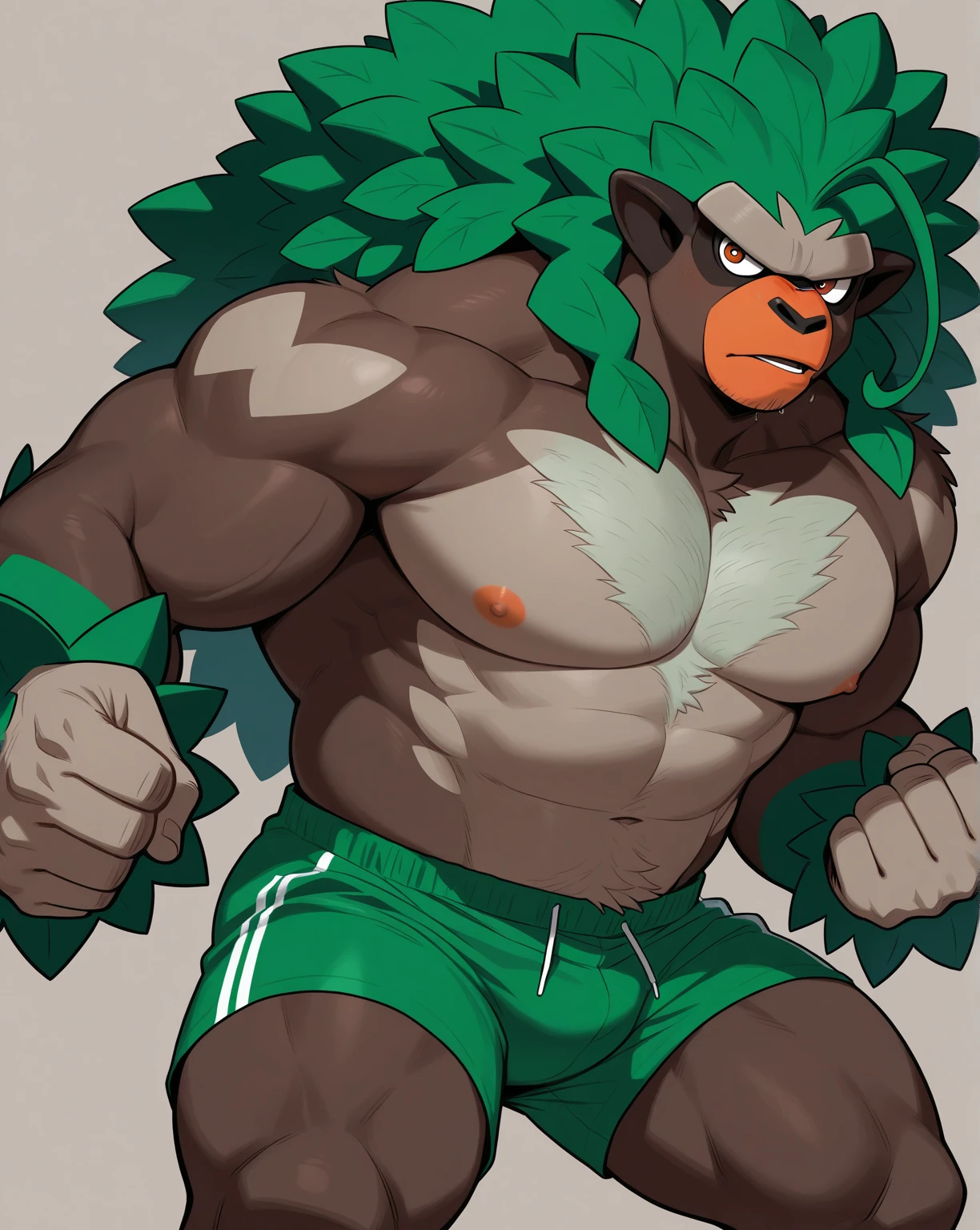 rillaboom, orange eyes, (pose:1.3), (posing:1.3), (soft shading), 4k, hi res, five fingers, detailed hands, ((detailed face, (detailed eyes:1.3), detailed)), (full body), (by zackarry911:1.3), solo, looking at viewer, 1boy, jungle, navel, standing, full body, male focus, nude, flaccid long and massive penis, erect nipples, abs, grass, biceps, hands on hips, smile, orange snout, cowboy shot,