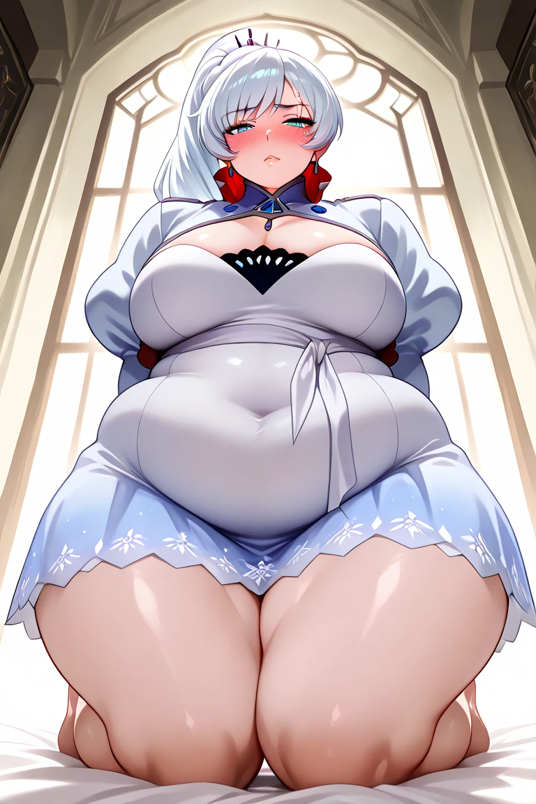 (masterpiece, best quality:1.4), illustration, 8k, hd, 1girl, solo, cowboy shot, short_hair, white_hair, dress, white_thighhighs, no underwear, short_sleeves, frills, apron, red_eyes, cleavage, metal_collar, anchor_choker, maid, white maid, gigantic ass, massive boobs, farting, big belly, gigantic belly, vore, open mouth ((((burp)))), (((fart)))