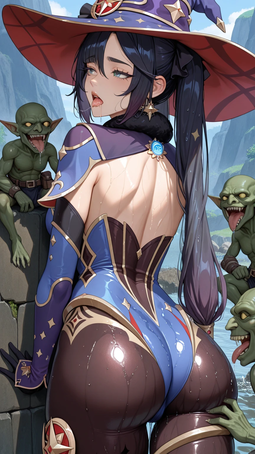 ((1 pirate woman, bare chest, pussy wet with cum)),((tentacles open and wrapped around her body, only one tentacle coming out of her pussy)),((huge breasts)),((erect breasts)),(( pussy with lots of pubic hair)),((purple tentacle hair)),((green eyes, smile)),((facing the viewer)),((on a pirate ship, at sea during the day)),