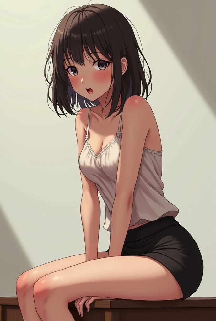 1girl,Solo,medium hair,black hair,brown eyes, hair intakes,(smile:1.5),big breast,shirt,v arms,hand on own thigh,open legs,tights,standing,leaning_forward,bare shoulder,bare_hips,bare arms,spread Legs,masterpiece,best quality,very aesthetic,absurdres,upper body,front View,straight-on