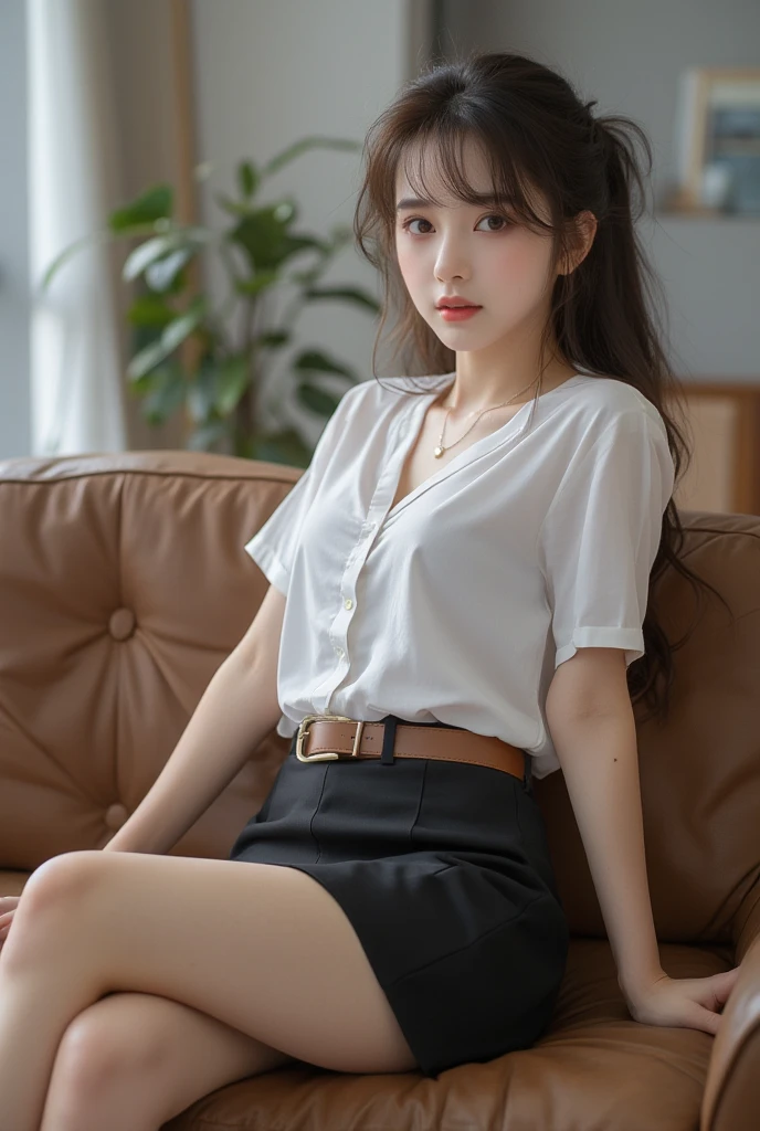 absurdres, RAW photo, extremely delicate and beautiful, masterpiece, Best Quality, ultra high resolution, 32k, hyperrealistic, ultra-detailed, perfect anatomy, perfect figure, super Detailed skin, 20 years old, very Slim body, narrow waist, very small head, very small face, delicate facial features, tearful mole, earring, thin legs, bare legs, ((very huge round breasts)), short medium hair, ((wavy hair)), ((full body shot)), short pencil skirt, ((collared shirt)), colorful,
