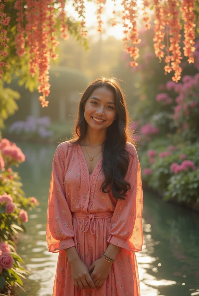 A Brazilian woman, black hair, white skin in a tropical garden, wearing a closed pink shirt, no cleavage, and the natural flowers, showing her beauty and caring personality