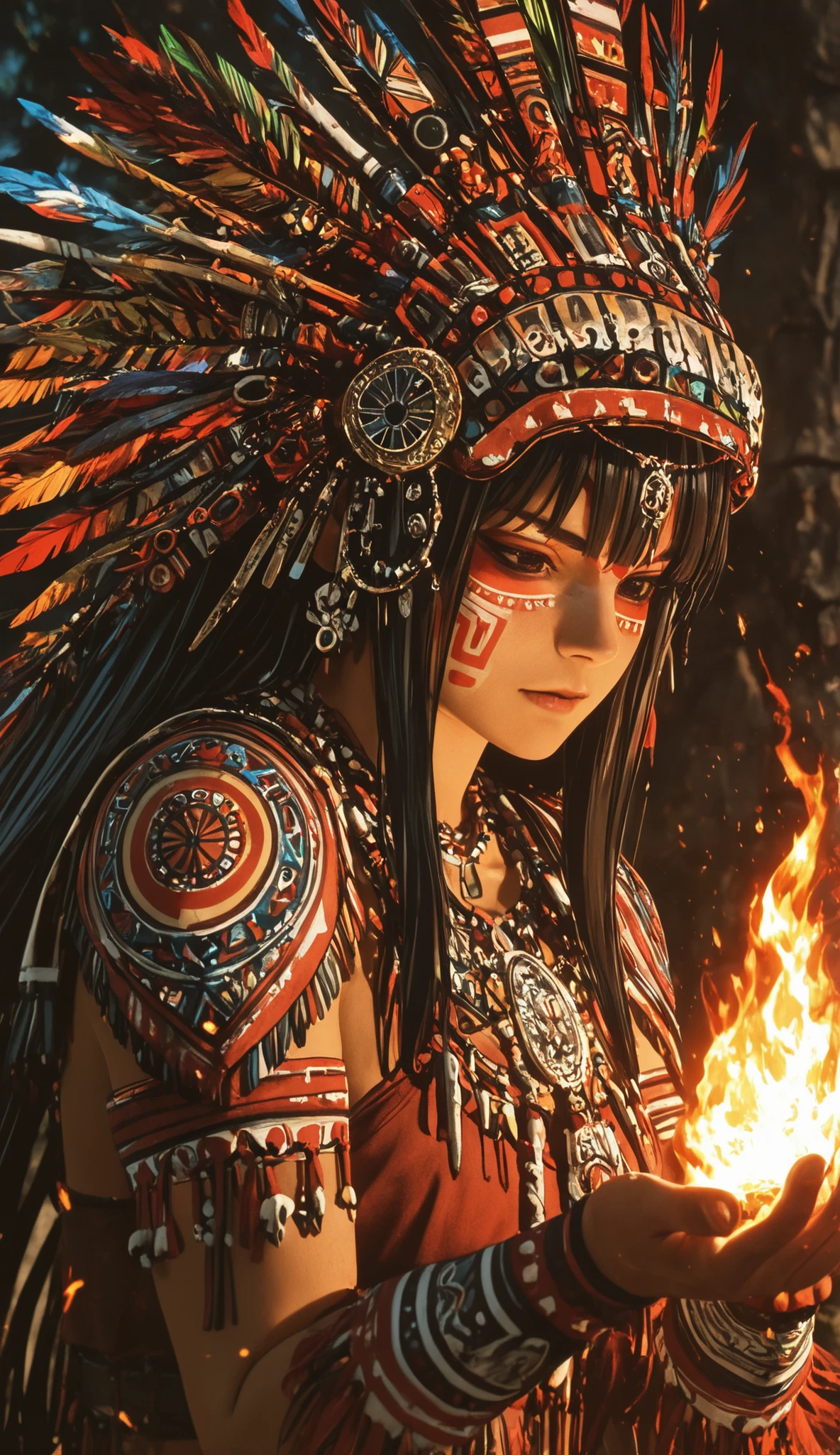 masterpiece, anime artwork, score_9_up, score_8_up, 1girl, 20 years old, strong Japanese features, large intense dark eyes with warrior spirit, long black hair adorned with red and green feathered headdress, fierce yet honorable expression, elaborate red face paint with tribal designs, BREAK traditional warrior attire with colorful feathers, leather chest piece with full modest coverage, red and green plumage creating magnificent headdress, bone and bead necklaces with cultural significance, tribal arm bands with geometric patterns, holding stone axe with carved wooden handle respectfully, BREAK sacred ceremonial grounds with stone circle, ancient tribal meeting place, carved totem poles in background, natural rock formations, traditional fire pit with smoldering embers, spiritual atmosphere with mystical elements, BREAK dramatic ceremonial lighting with flickering fire glow, detailed face paint with authentic tribal patterns, anime-style rendering with cultural dignity, realistic ceremonial environment, powerful composition showing warrior heritage, detailed featherwork with vibrant colors, respectful portrayal of indigenous traditions