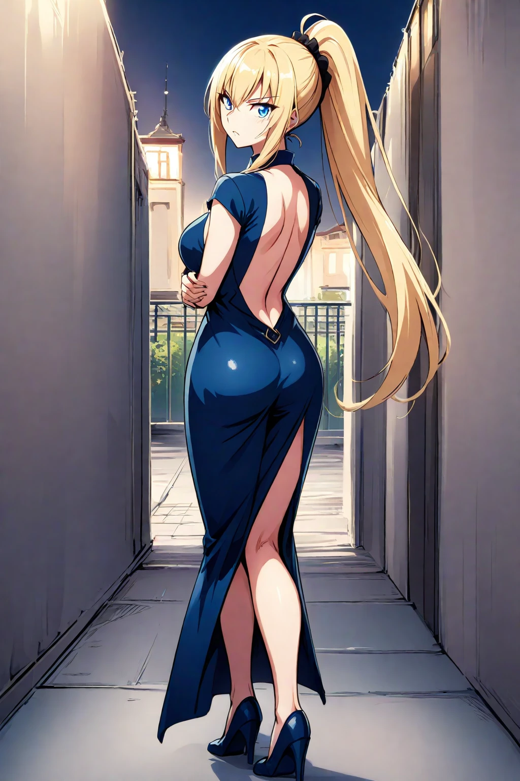 Safe for work, masterpiece, best quality, solo, 1 girl, facing forward, looking at camera, (young female body:1.4), ( medium breasts), slender legs, golden yellow hair, extra long hair, blunt bangs, crystal blue eyes, very detailed eyes, brick wall, ponytail, dark alleyway, leaning on wall, dark blue dress, form fitting dress,  flustered expression, arched back, arching her back, extra short dress, very short blue dress, sleeveless dress, chest pressed against wall, leaning against wall, both hands on wall, arched ass, strapless dress, backless dress, exposed back, leaning down, face pressed against wall, one hand on ass, drunk girl