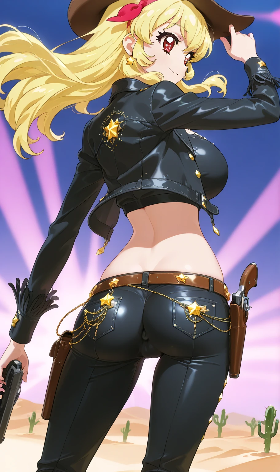 Best image quality, 4k, masterpiece, male, short hair, beautiful mature gentleness, light brown hair, light blue eyes, sharp eyes looking at the camera, face focus, delicate facial features, black uniform, white gloves hat, arms holding, artistic lighting, portraiture, face magnification, [elegant demeanor, dignified atmosphere and excellent posture that catches the eye + beautiful face + portrait painting effect]. big breast, holding her own ass, nice ass, blonde long messy hair
