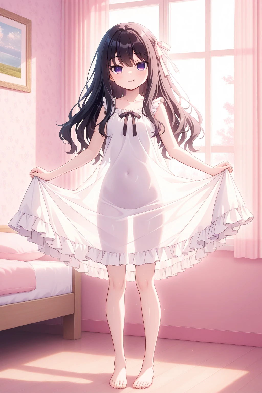 masterpiece, best quality, nsfw,
1girl, view from below,
lift up the skirt, white dress, white panties, black hair, embarrassed face,
a lot of sweat, bedroom, late night