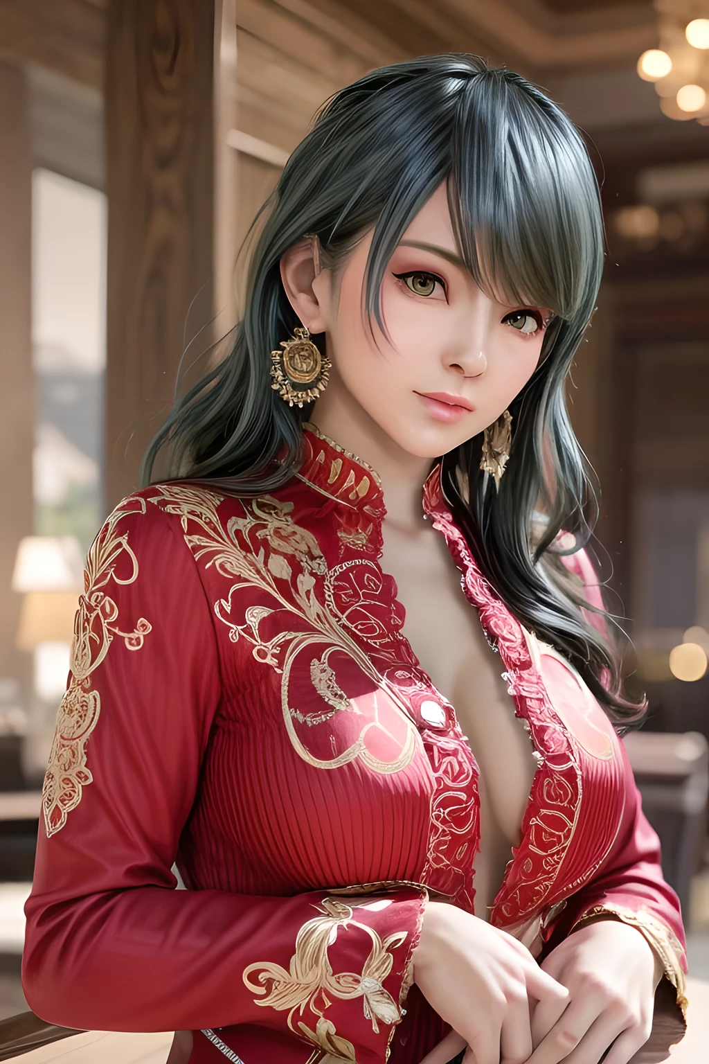 1 girl,standing posture,(Velvet suit:1.2), thong, elegant,( huge breasts),split,shiny skin, red lips,( tattoo:1.3), masterpiece, best quality, actual , 8K,Portrait Art,alone, Tamaki