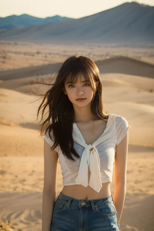 1girl, superb, elegant colors, (realistic, high detail, masterpiece, ultra-detailed, dynamic angle, amazing, cinematic lighting, illustration, chiaroscuro, backlight, god light, holland, best quality, best quality, wearing tight desert camouflage vest, wearing desert camouflage short skirt, posing good-looking, belting, wearing military watch, armored car with desert camouflage outdoors in background, digital painting, highly detailed, super high quality, professional photography, 8k, ultra hd, desert background, real skin texture , normal intact fingers, correct facial features, clear focus, eye-catching lighting, blue sky