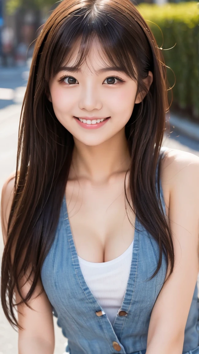 beautiful woman, brown hair, long hair, droopy eyes, realistic, D-cup, Japanese, wearing a tank top, smiling