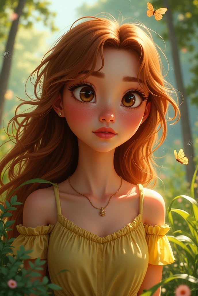 a beautiful girl, 1girl, long wavy brown hair, bright blue eyes, detailed facial features, soft skin, gentle smile, wearing a red dress, standing in a lush green garden with colorful flowers, sunlight shining through the trees, golden hour lighting, cinematic composition, photorealistic, hyper detailed, (best quality,4k,8k,highres,masterpiece:1.2),ultra-detailed,(realistic,photorealistic,photo-realistic:1.37),professional photography,warm color palette,natural lighting, sally from cars movie