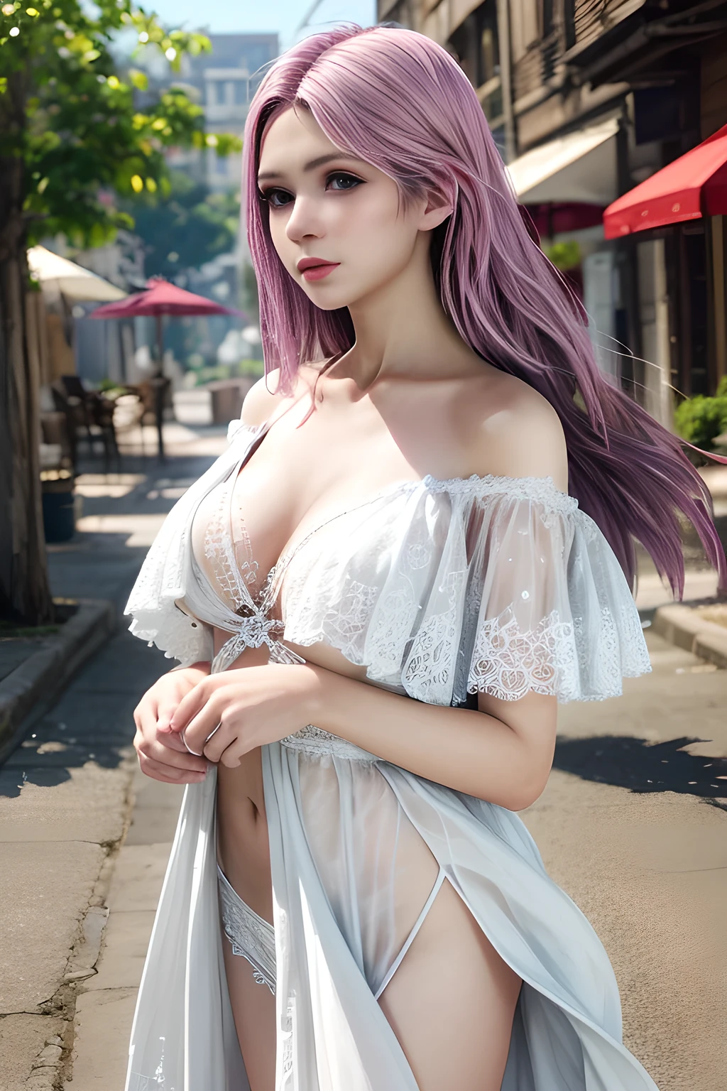 (raining day:1 bun lady,Purple hair combed into a bun, Girl), tmasterpiece, best qualtiy, RAW photogr, realisticlying, the face, Incredibly Ridiculous res, Beautiful elf beauty, ear studs,Get wet all over, (Light purple ultra-short hair,hair-bun), Nightdress,Loose nightdress,(black lence stockings),(Flat shoes),depth of fields, A high resolution, ultra - detailed, filigree, RAWE is very detailed, very detailed eyes and faces, Sharp pupils, realistic pupil, tack sharp focus, cinmatic lighting,full bodyesbian,Bigboobs,long leges,From the front side,Main street on a rainy day,dynamicposes