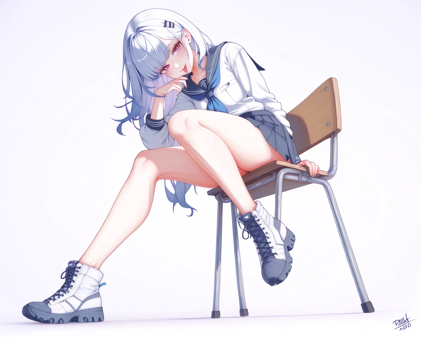There is a bad schoolgirl sitting in the classroom、Colored paint on the face、The color hair、Slender figure、Pale skin、Bright and sharp eyes、High nose、Tattered light jacket、baggy pants、Rock band T-shirt、Costume for rebel signs、Platform white shoes、silver trinkets、Face with stars makeup、A playful expression、Delicate face、(Extreme Detail CG Unity 8K Wallpapers，tmasterpiece，Highest image quality)，(Delicate light and shadow，The picture is highly dramatic，Cinematic lens effect)、Youthful bright colors、Fashionab、Wrist watch、hair pin、Hair rope、Headbands、Bracelet、Anklets、over knee socks、Leg socks、耳Nipple Ring、Falling debris、with beautiful colors、youthfulenergy、adolable、quadratic element、Brush stroke、中景 the scene is、Full body like、Scattered school supplies、Loose paper、anime big breast、quadratic element、adolable、Long rainbow-colored hair
