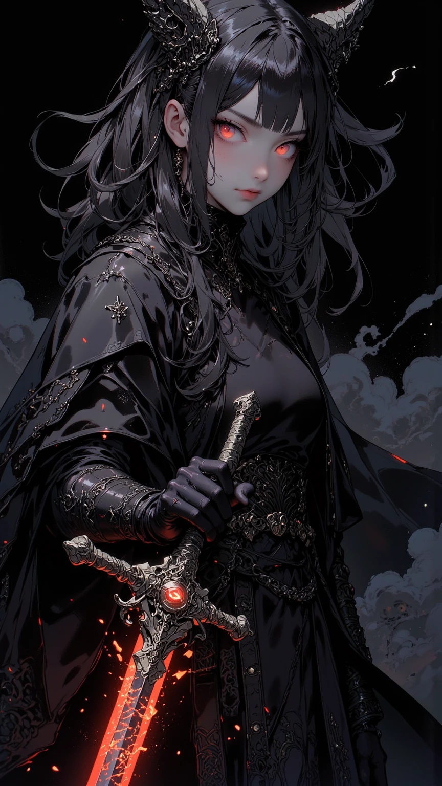 beautiful female anime character in a dress full of fabric, long and black, long and full hair, japanese, with stone details on the dress, background involving cosmology, well animeee, wearing glasses, with clothes made of more fabric, long robe, with long sleeves and full, no cleavage, using a katana with a warrior's pose, Make her look more like a girl boss