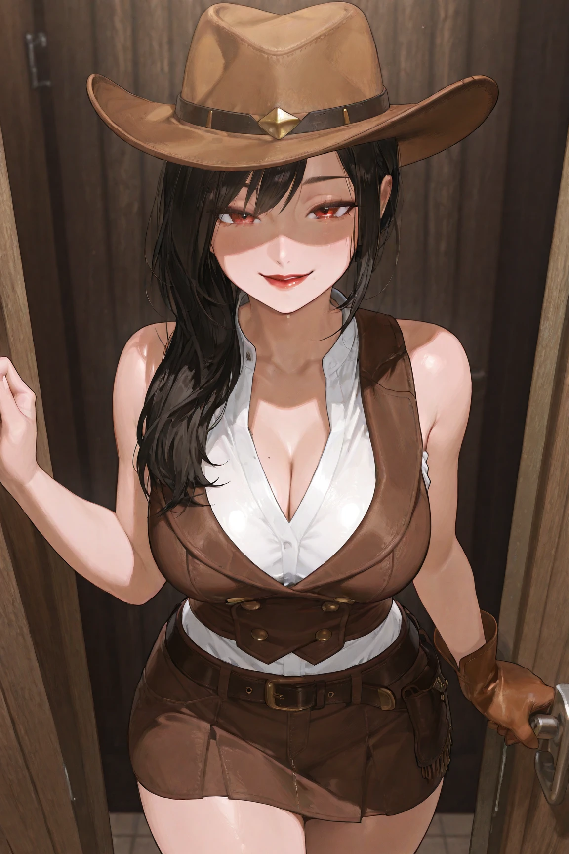 Perfect face, Perfect hands. A brown haired woman with red eyes and an hourglass figure in a Gothic conservative cowgirl is exploring an abandoned mine with a big smile