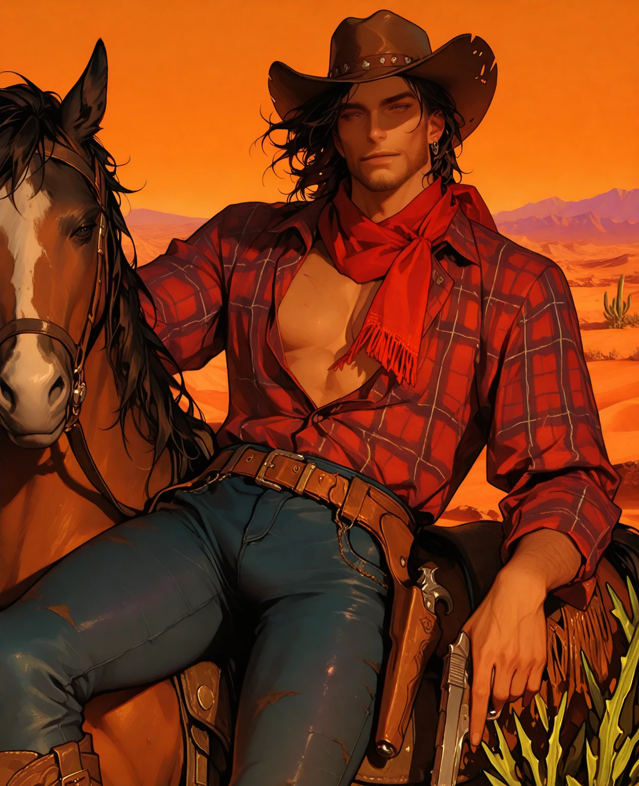 A vibrant and detailed illustration of a  cowboy from the old American Wild West, set in a desert setting at sunset. The cowboy is a young, charismatic, and attractive man with striking features, a thin beard, and piercing eyes. He wears a tilted cowboy hat, a partially unbuttoned plaid shirt revealing his defined , tight jeans, worn leather boots, and a belt with a large buckle. A red scarf is tied around his neck, fluttering in the wind. He stands in a confident pose, with one hand on a pistol holster and the other holding the reins of a sturdy horse in the background. The setting includes cacti, distant mountains, and an orange sky with purple hues. The atmosphere is warm, with realistic details, a semi-realistic illustration style, rich colors, and textures that highlight the leather, fabric, and desert dust.