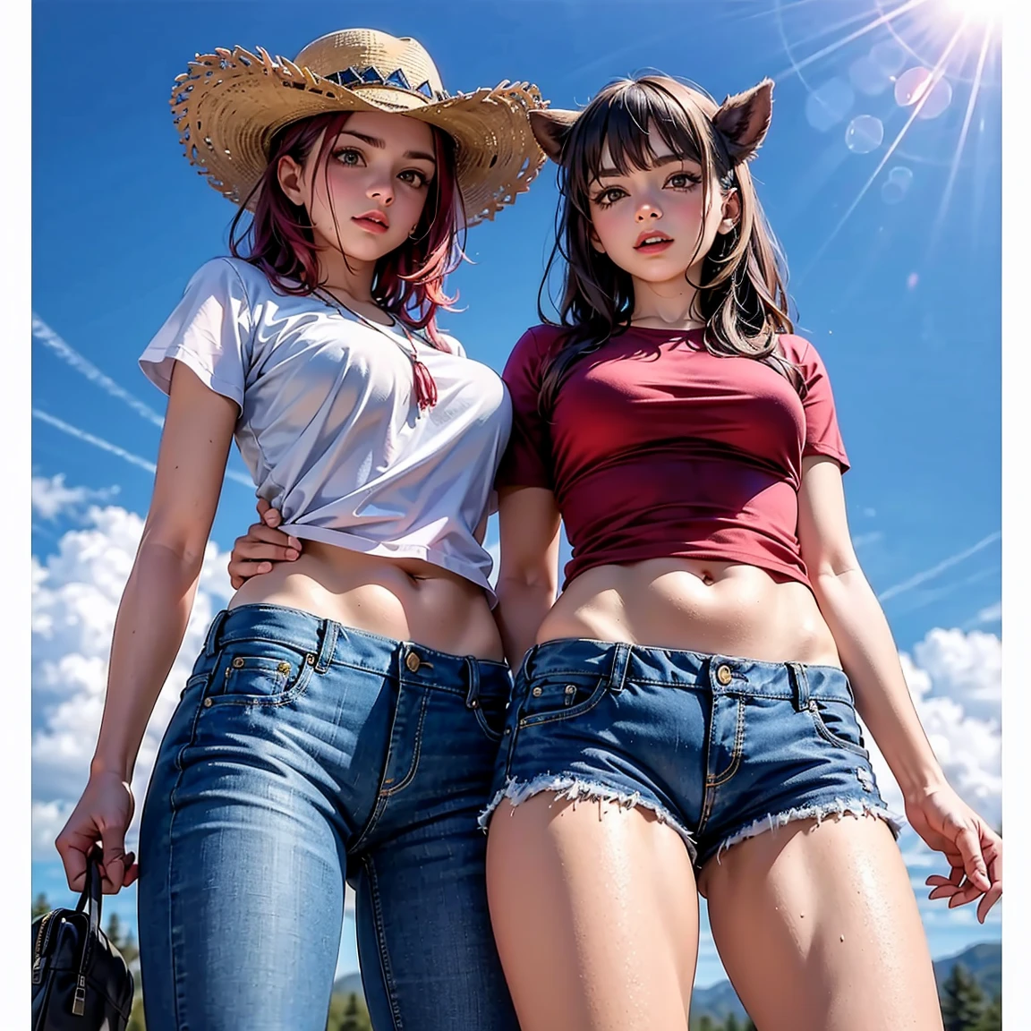 Generates an image featuring a single cowboy-style freckled, red-haired woman with blue eyes., 1 girl in the center、Utilize the perspective of a cowboy shot. The details of the costume are recreated with a checked short-sleeved shirt tied up to expose the navel., Pair it with denim hot pants, internal, And short cowboy boots. watch、place her in a Western landscape, Surrounded by the warm tones of a cinematic sunset. Implement visual effects such as chiaroscuro, Depth of written boundary, Cinematic lighting to enhance overall composition from cowboy shot angles. Be sure to portray a blend of modern charm and Wild West charisma。. Use various SeaArt keywords for each category to enrich your expressions., Combining technical approaches with aesthetically captivating scenes、Crying in tears