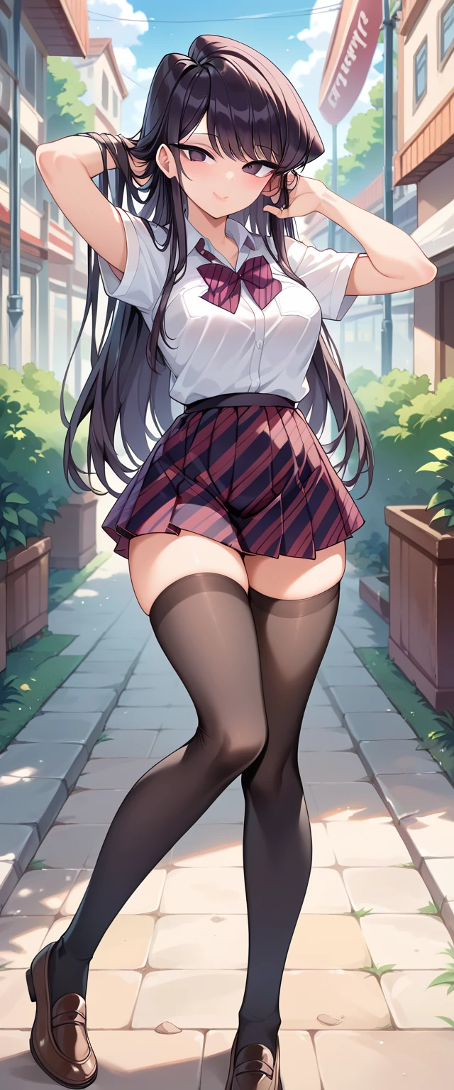 rintohsaka, rin tohsaka kyockcho, aqua eyes, (black hair:1.5), hair ribbon, long hair, ribbon, sidelocks, two side up, (parted bangs:1.5),
BREAK black skirt, black thighhighs, long sleeves, miniskirt, pleated skirt, (red sweater:1.5), skirt, sweater, thighhighs, turtleneck,
BREAK indoors, classroom,school,desk,tables,
BREAK looking at viewer,
BREAK (masterpiece:1.2), best quality, high resolution, unity 8k wallpaper, (illustration:0.8), (beautiful detailed eyes:1.6), extremely detailed face, perfect lighting, extremely detailed CG, (perfect hands, perfect anatomy),standing, from behind,back view photo,full body,long legs,skinny fit, shows panties,upskirt,sexy panties,lace panties, bend over,shows ass,