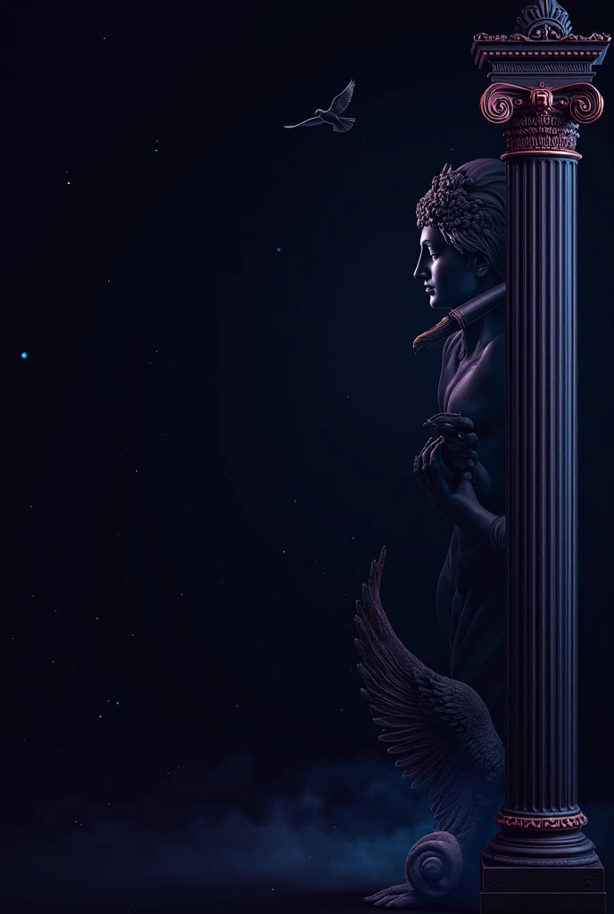 Vaporwave, aestetic, blue and purple gradient, neon, white marble bird and a man, intricate, detailed