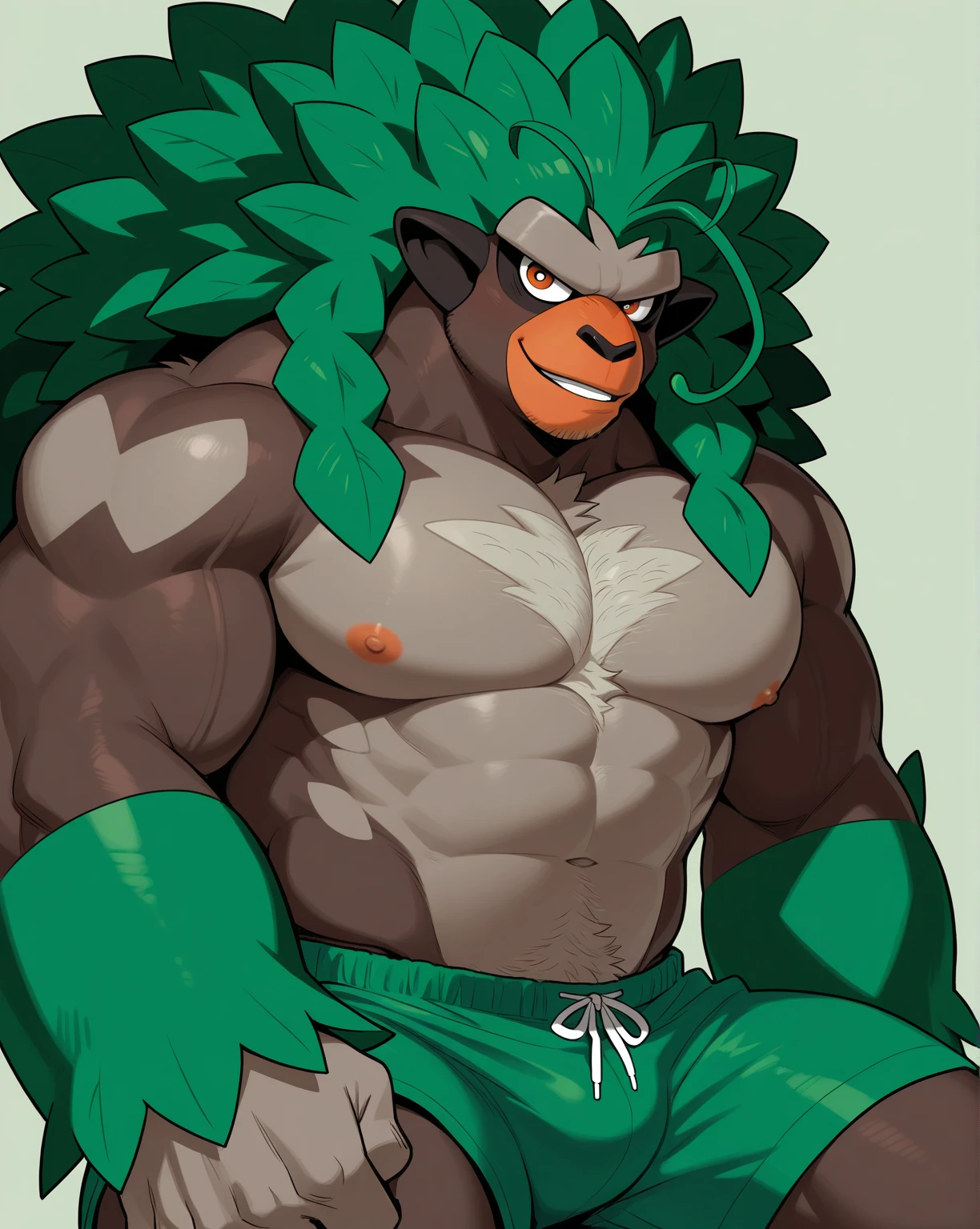 Chubby, furry,male , anthro Rillaboom, bright fur, green hair, very plump, middle aged , mouth covered mustache,Thick beard, seductive , detailed , no clothes, naked, lifted up, chest and belly exposed, hyper penis:1.65, detailed bulge, hyper pecs:1.75, extremely hot and sexy, eye ls half closed, black pupils, eye contact, seductive, horny, hot, sweaty, beach setting, afternoon, blue sky, hot temperature, day time, one arm raised, hairy armpit, by hyaku