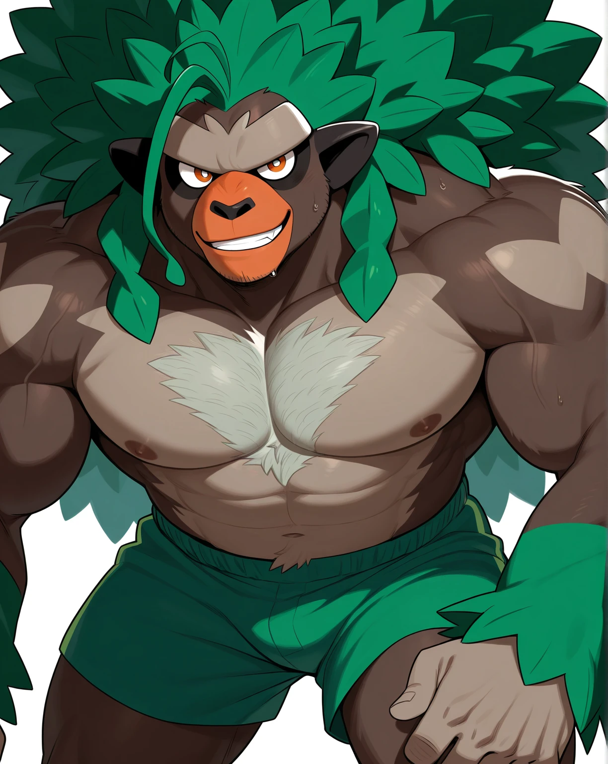 rillaboom, orange eyes, (pose:1.3), (posing:1.3), (soft shading), 4k, hi res, five fingers, detailed hands, ((detailed face, (detailed eyes:1.3), detailed)), (full body),(by takahirosi:1.5), solo, looking at viewer, 1boy, jungle, navel, standing, full body, male focus,((topless,bottomless)), abs, grass, biceps, flexing, smile, orange snout,