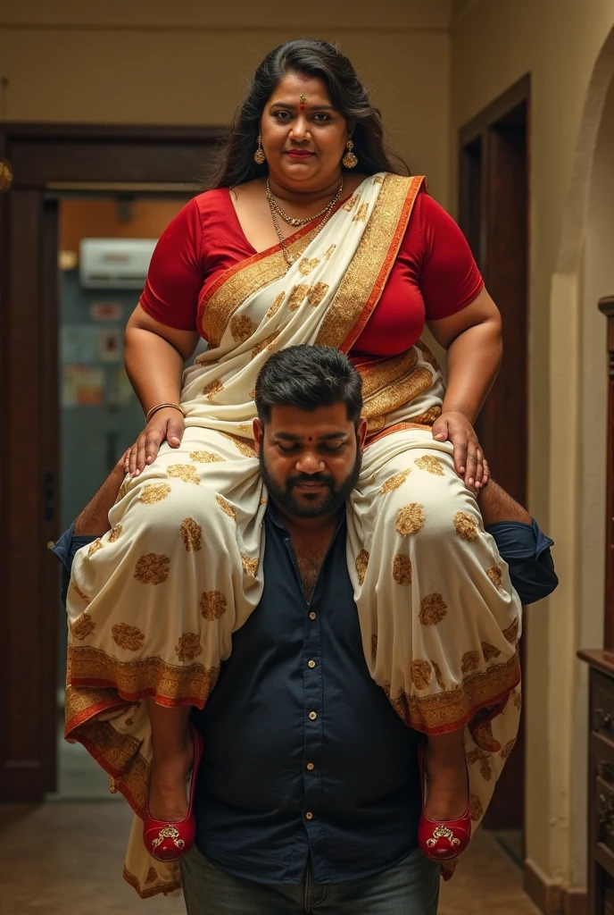 Beautiful and Slim Indian woman in a dark pink silk saree lifting piggyback a large chubby man above her shoulders, man is sitting on woman's shoulders, in a dark room with high ceiling, natural smile, woman is looking into the camera , she is holding his hands, full body image , woman making funny faces
