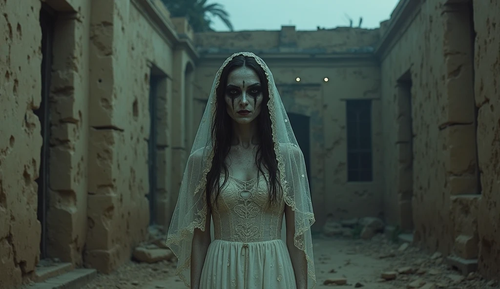 Garota albina, de longos cabelos brancos, olhos negros sem pupila, corpo voluptuoso e sensual, envolta em pequenas tiras de seda branca transparente, coming out of a cave full of silt and around human skulls to pieces, cinematographic scene, little lighting, Scenery rich in detail