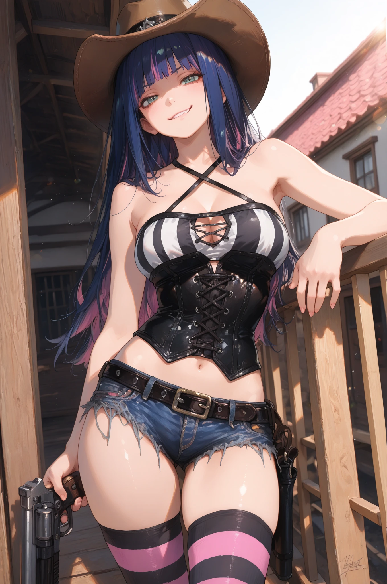 High resolution, woman , good lighting, despicable, , (No nudity), (((loose jean shorts))), ((tight leather top)), (((leather thigh high boots))), (garter belt), abdomen only, (wet shorts),  ,  cute face, I&#39;Iは恥ずかしくて赤面します, humiliating, ((spread your legs)), ((wet condition))massive 