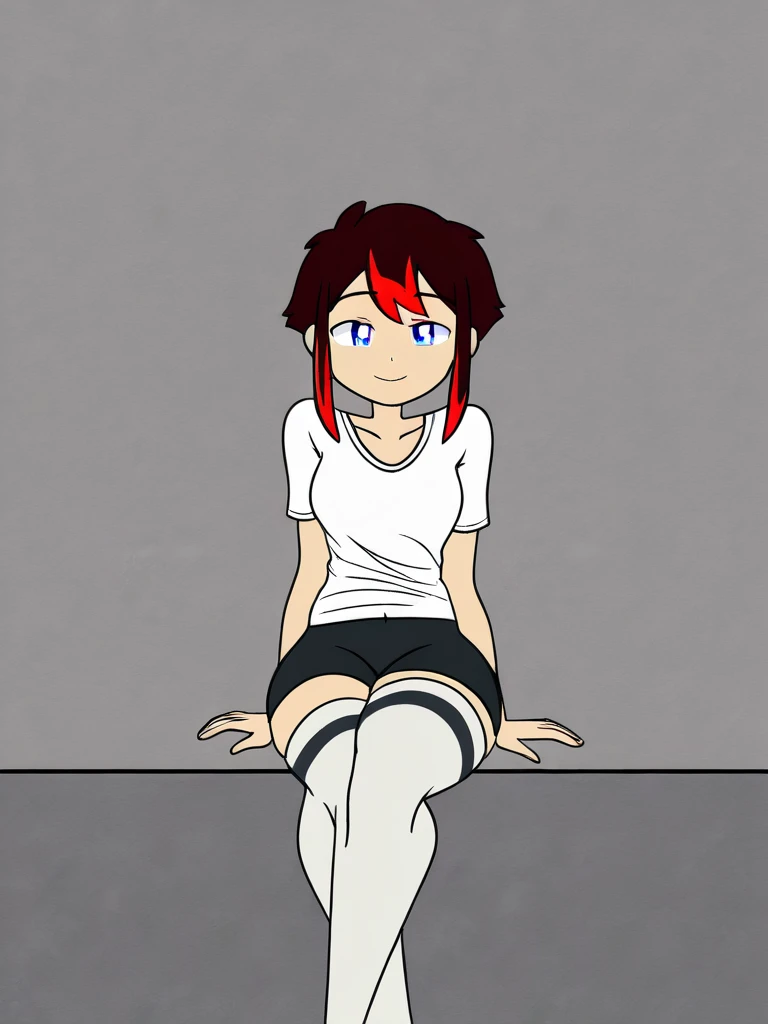 (art by faustsketcher:1.3), 1girl, scullery, sitting, shorts under skirt,