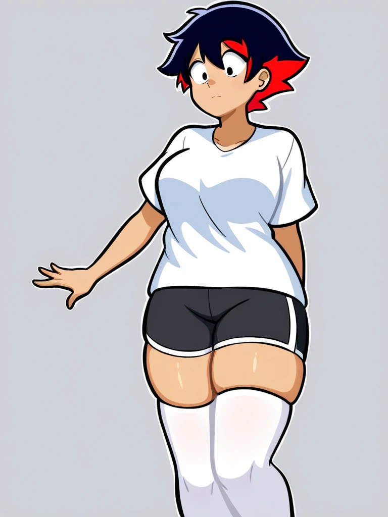 A pretty girl with a big chest, dark blue hair, mini Bob, her tenderness, her light orange eye, she wears a white shirt with blue ribbon, a black chest, a school sweatshirt and a dark blue metallic skirt, huge thighs, a sexy butt.