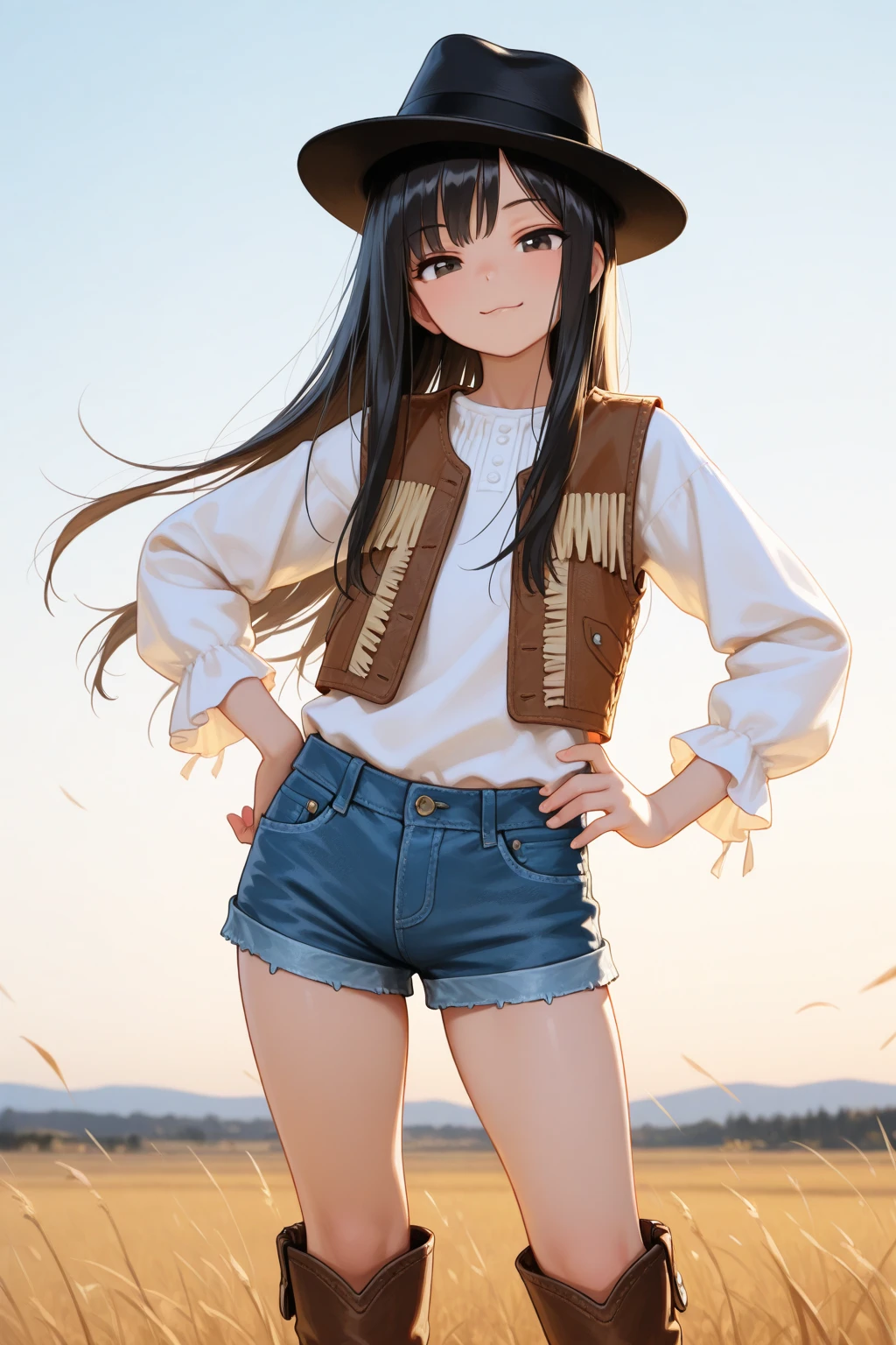 Ebony, brunette skin, farm girl, cowboy hat, farm background, teenage, boots, cowgirl, farm fem clothes